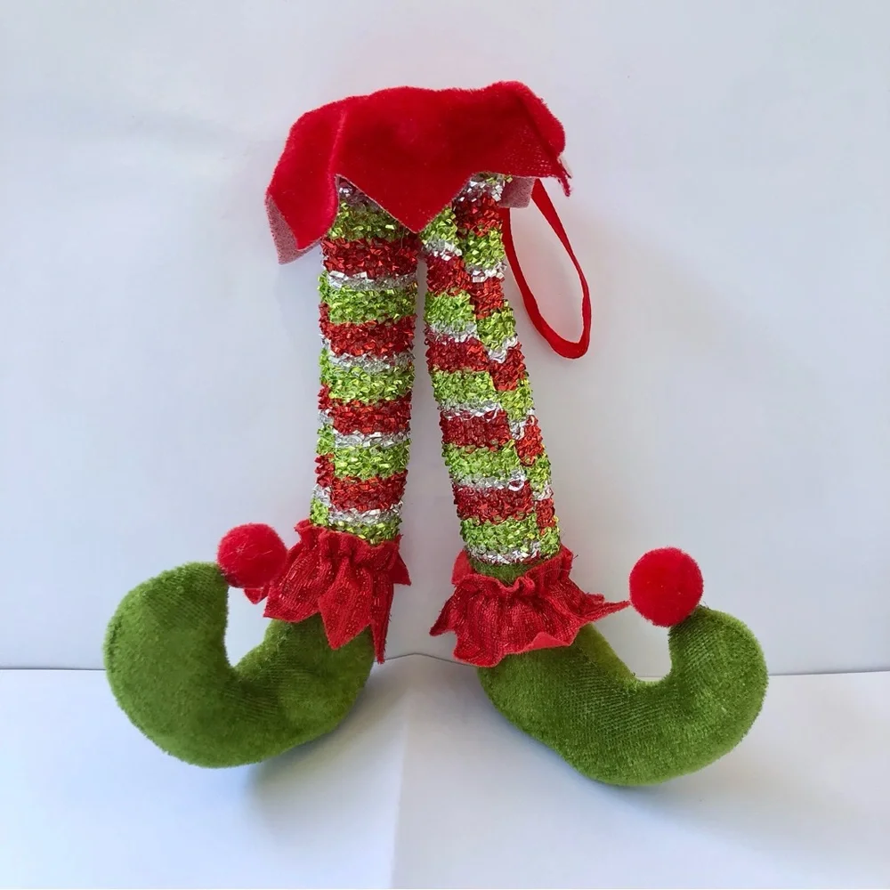 Festive Pixie Elf Legs shoes Christmas Ornament - Red & Green sparkle Grinch